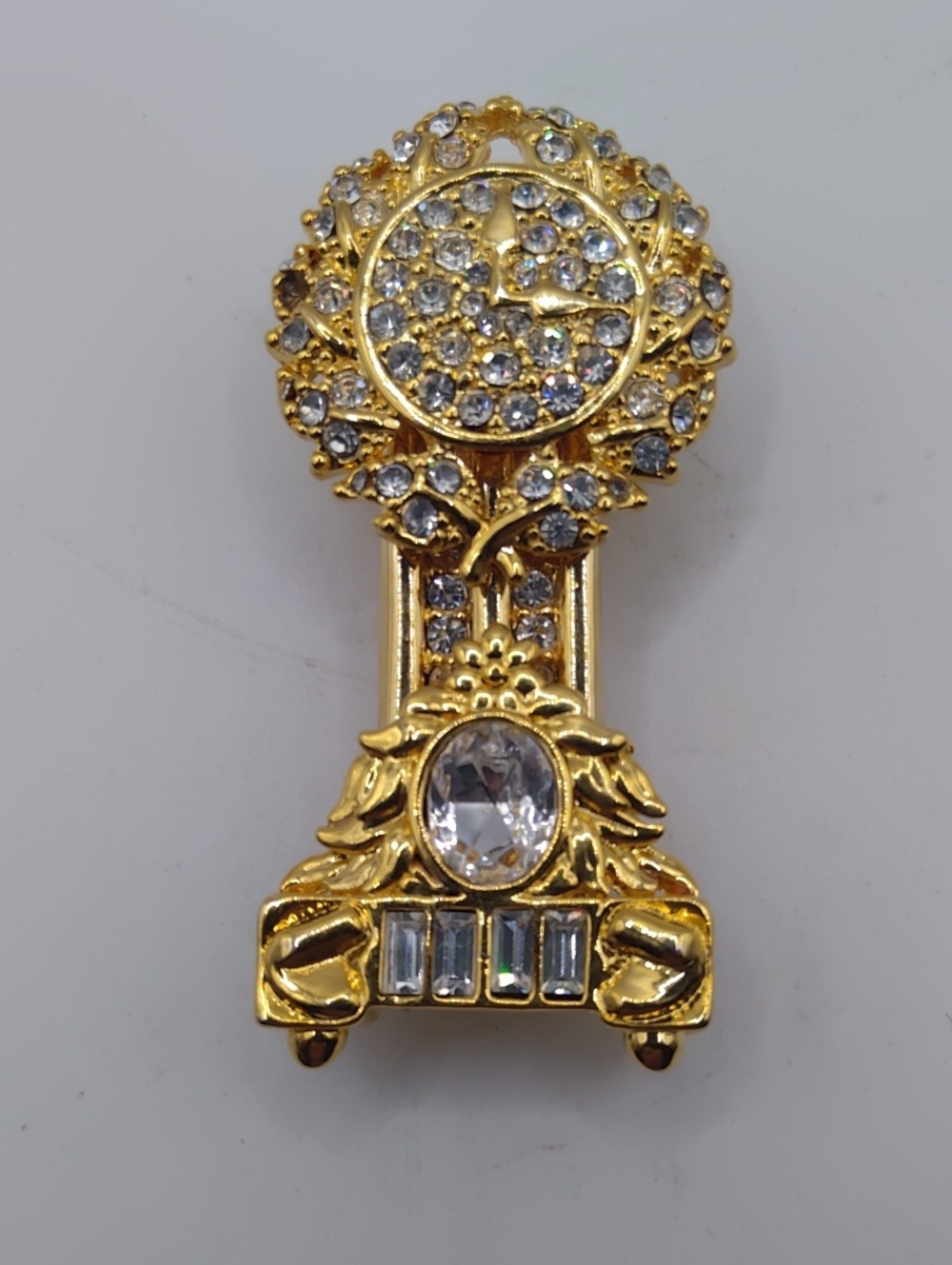 Grandfather Clock Brooch Gold tone And Clear Rhinestone